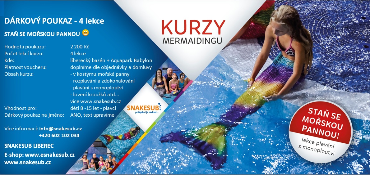 Dárkový poukaz kurz Mořské panny 4 lekce - jako položka na E-shopu - 2019 a 2020 - SNAKESUB LIBEREC